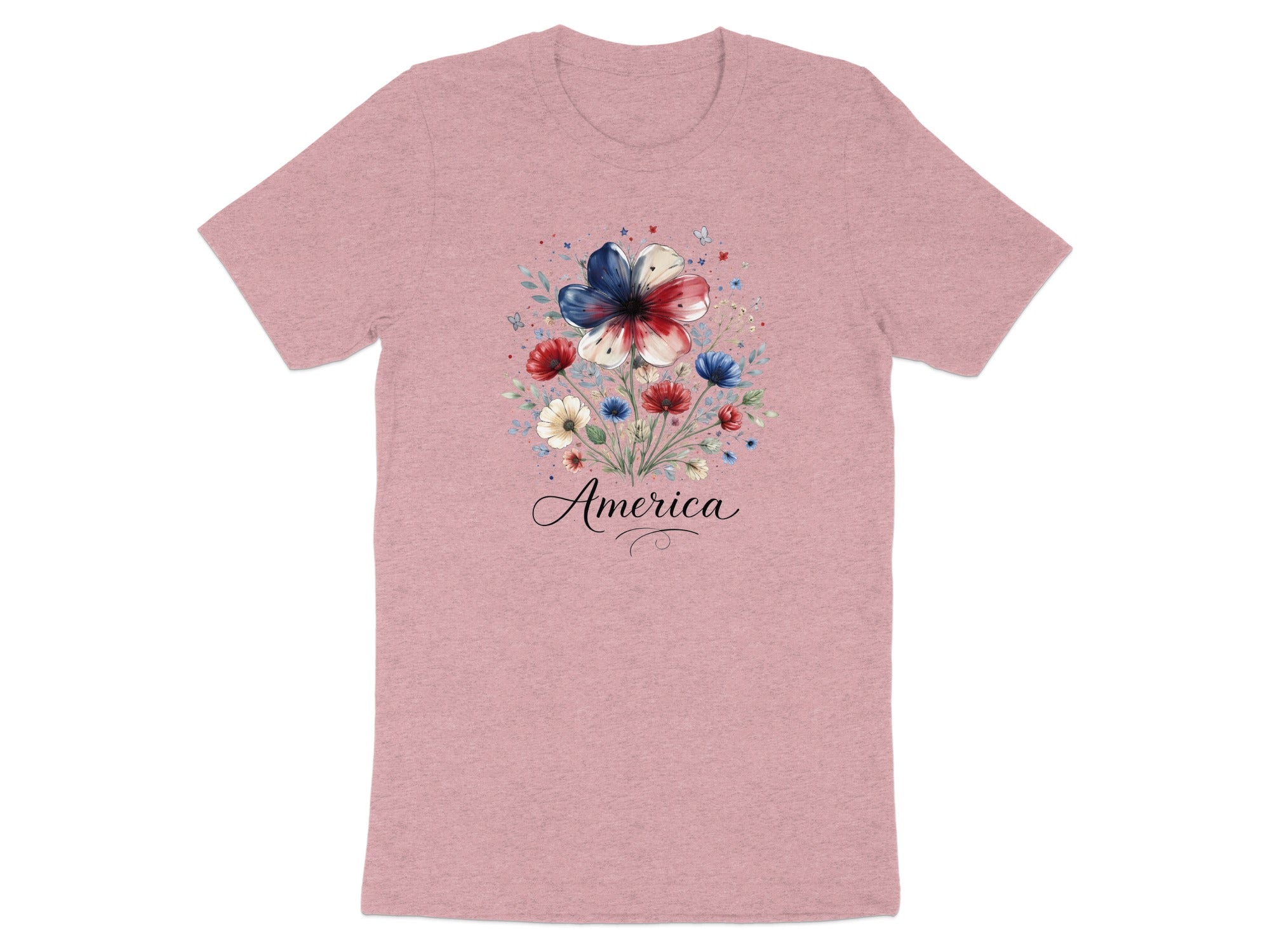 Pink t-shirt with watercolor floral design featuring word "America".