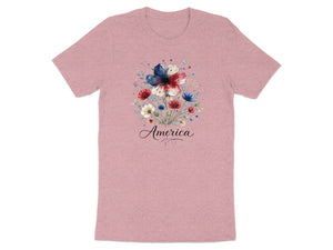 Pink t-shirt with watercolor floral design featuring word "America".