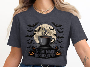 Dark t-shirt graphic with steaming coffee cup, moon, bats, pumpkins, and text "Nightmare Before Coffee".