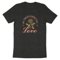 Dark grey t-shirt with a vintage-style rose graphic and text that reads "Do things from love, not for love."
