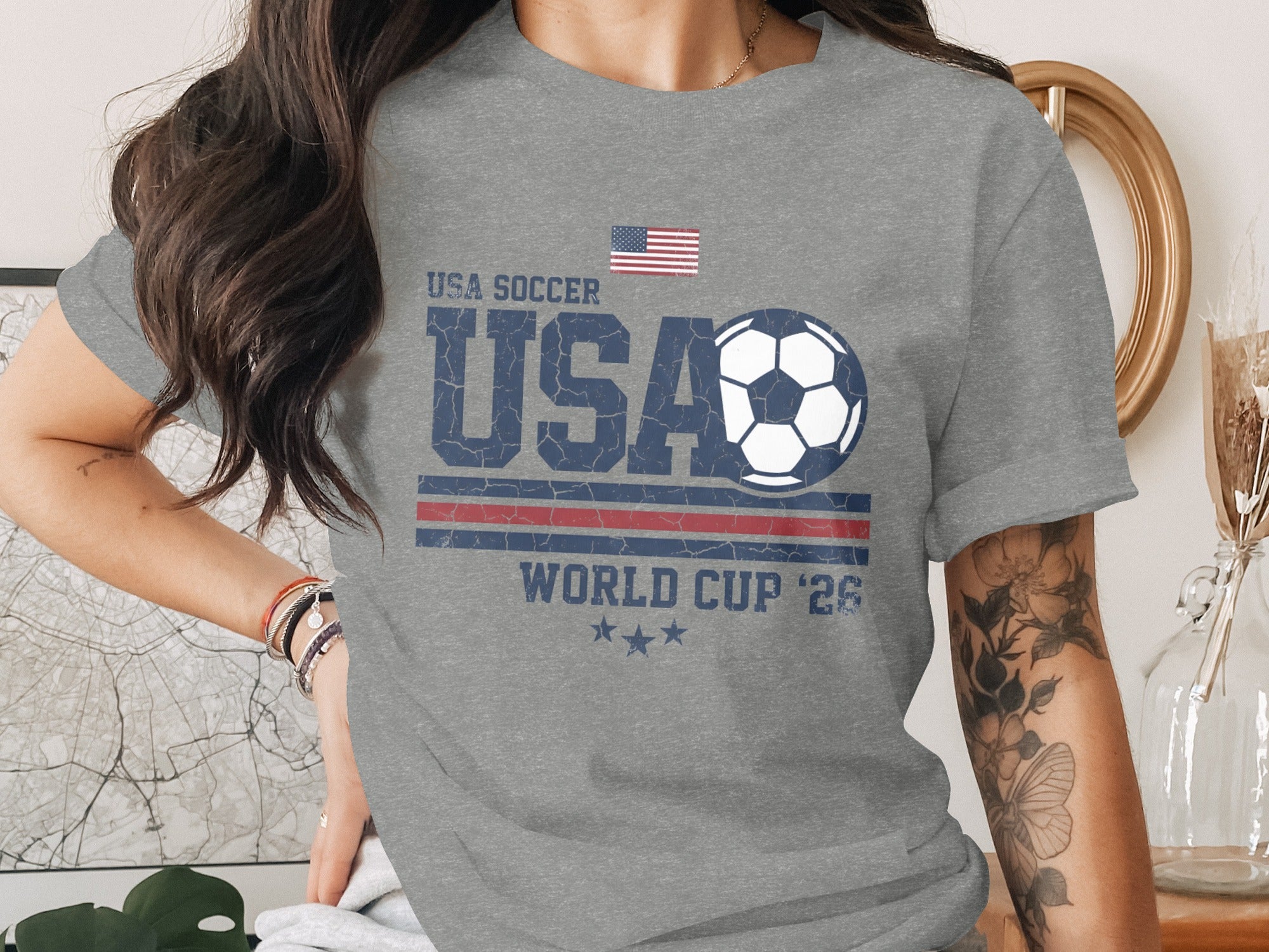 USA Soccer World Cup '26 t-shirt with distressed graphic and American flag.