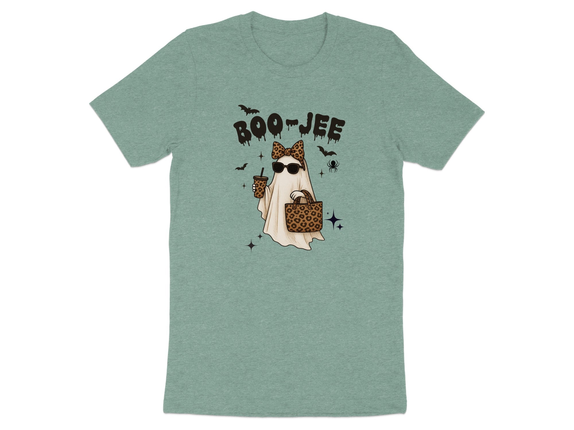Ghost graphic with text "BOO-JEE", leopard print accessories, and Halloween bats.