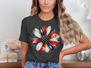 Woman wearing dark t-shirt with a distressed American flag sunflower graphic.