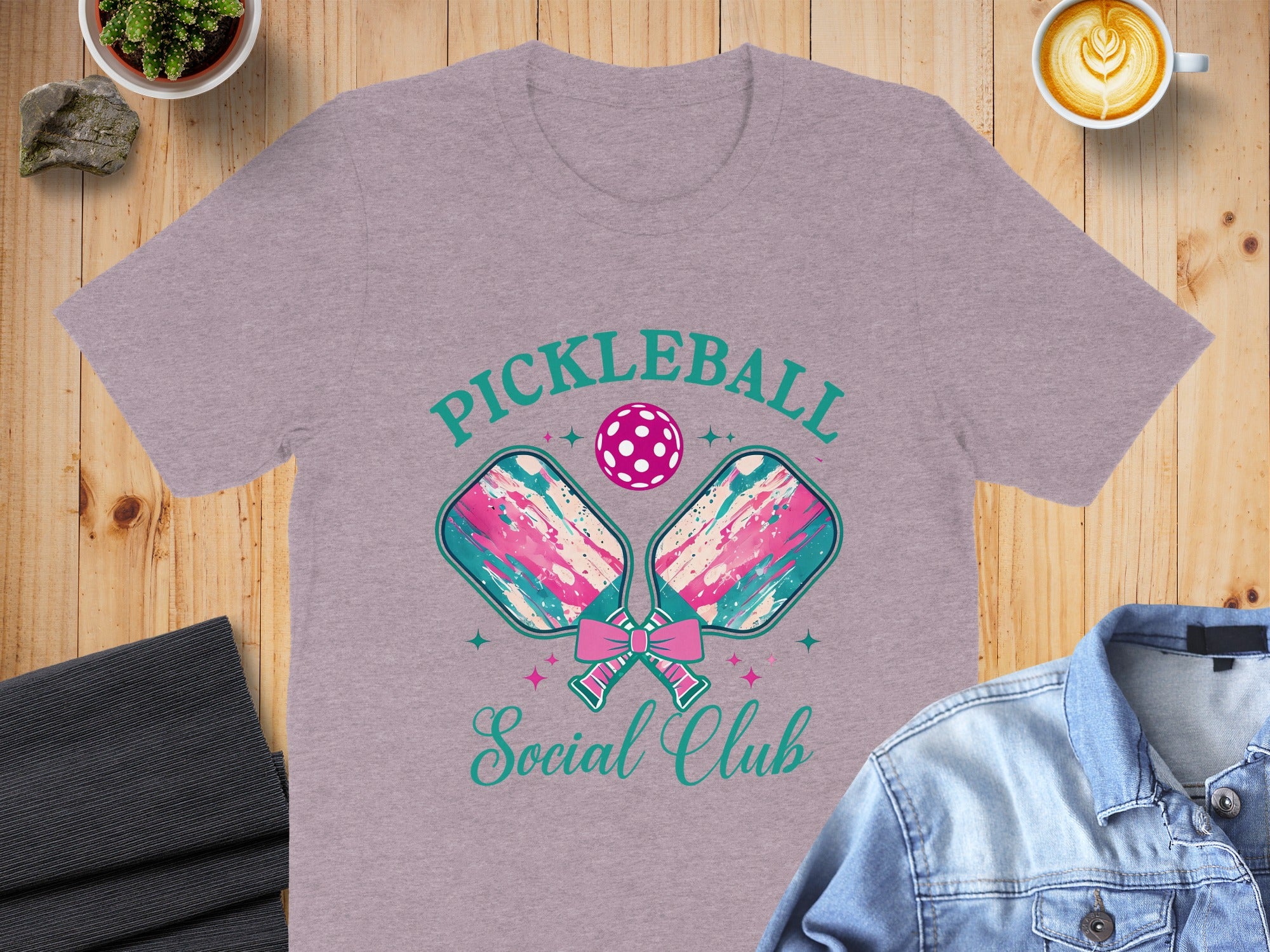 Pickleball Social Club graphic on a light purple t-shirt.