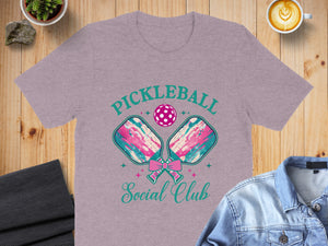 Pickleball Social Club graphic on a light purple t-shirt.