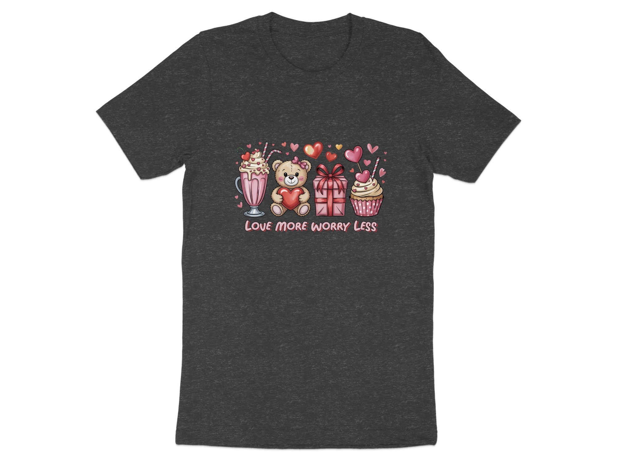 T-shirt with cartoon teddy bear holding heart, gift, cupcake, milkshake and text LOVE MORE WORRY LESS.