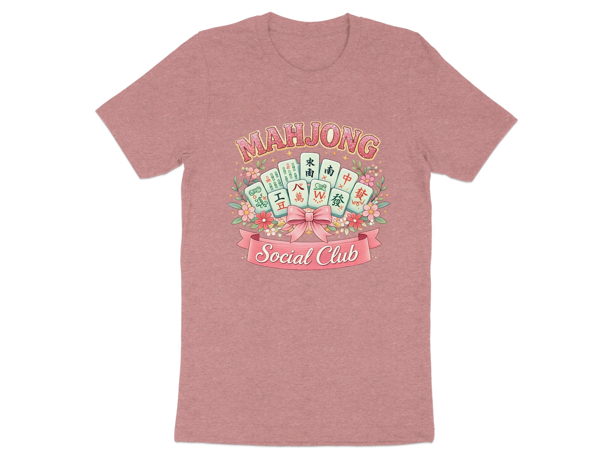 Mahjong Social Club graphic on a pink t-shirt with floral elements and dice.