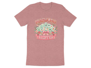 Mahjong Social Club graphic on a pink t-shirt with floral elements and dice.