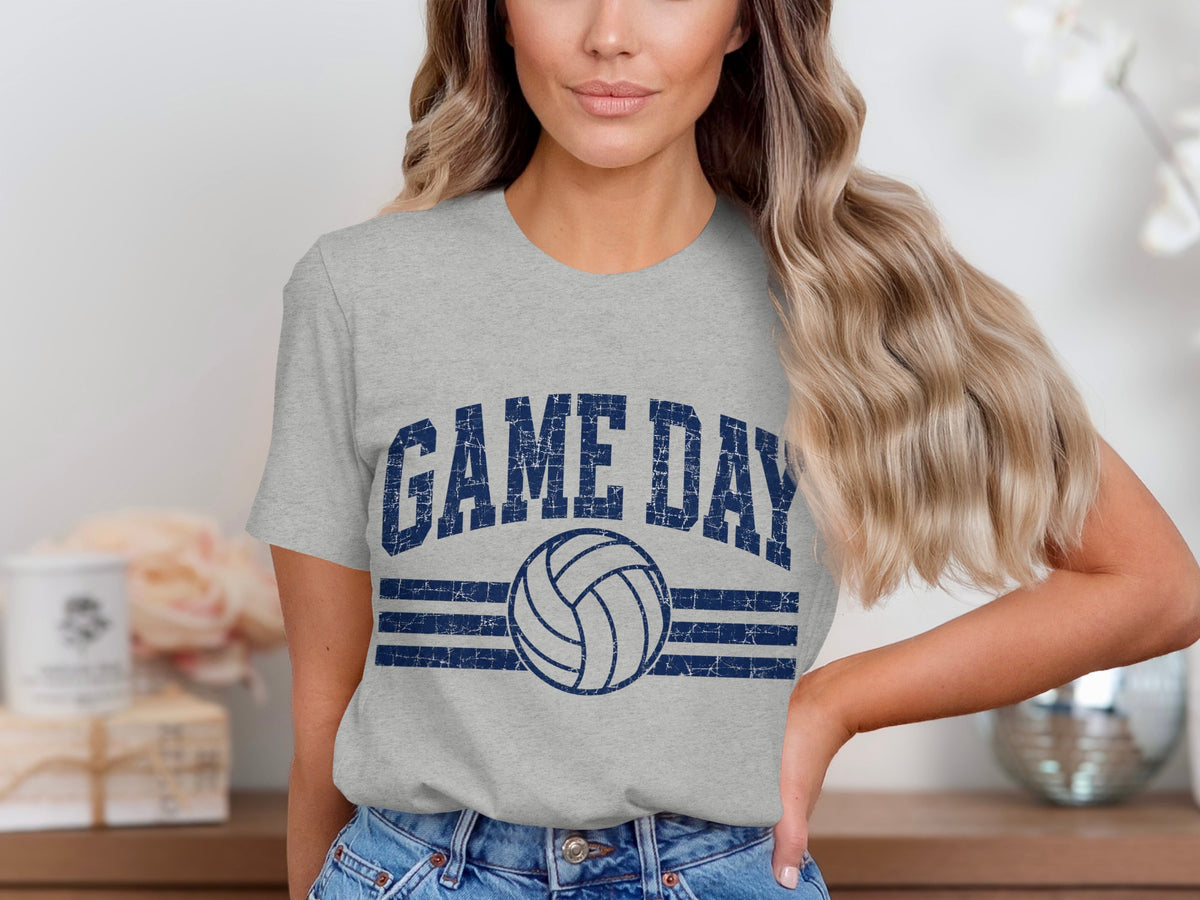 Grey t-shirt with distressed navy blue "GAME DAY" text and volleyball graphic.