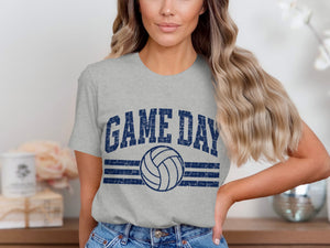 Grey t-shirt with distressed navy blue "GAME DAY" text and volleyball graphic.