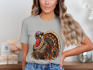 Graphic of a colorful, bejeweled turkey wearing sunglasses on a grey t-shirt.