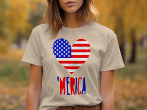 Tan t-shirt with American flag heart and "'MERICA" text.