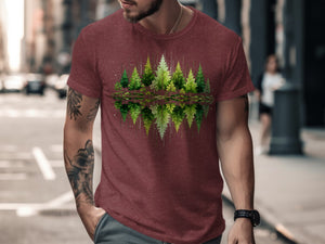T-shirt with a graphic of green trees reflected in water.