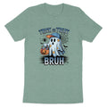 Ghost wearing a hat, holding candy, with text "TRICK OR TREAT BRUH".