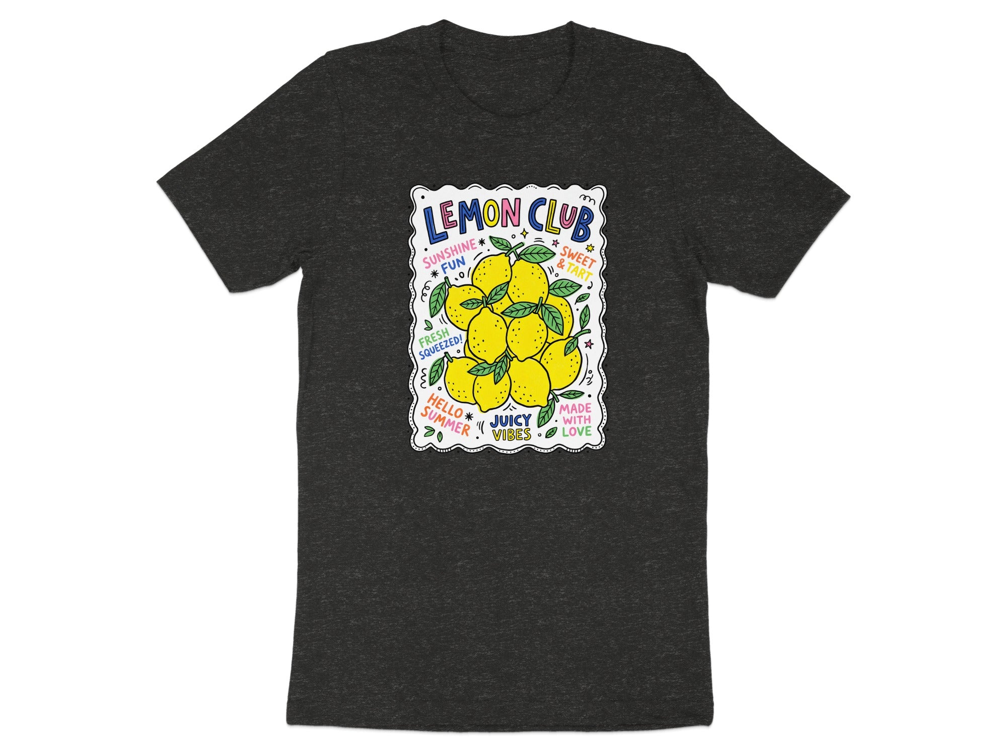 Lemon Club graphic on t-shirt with lemons and text like "Sunshine Fun" and "Juicy Vibes".