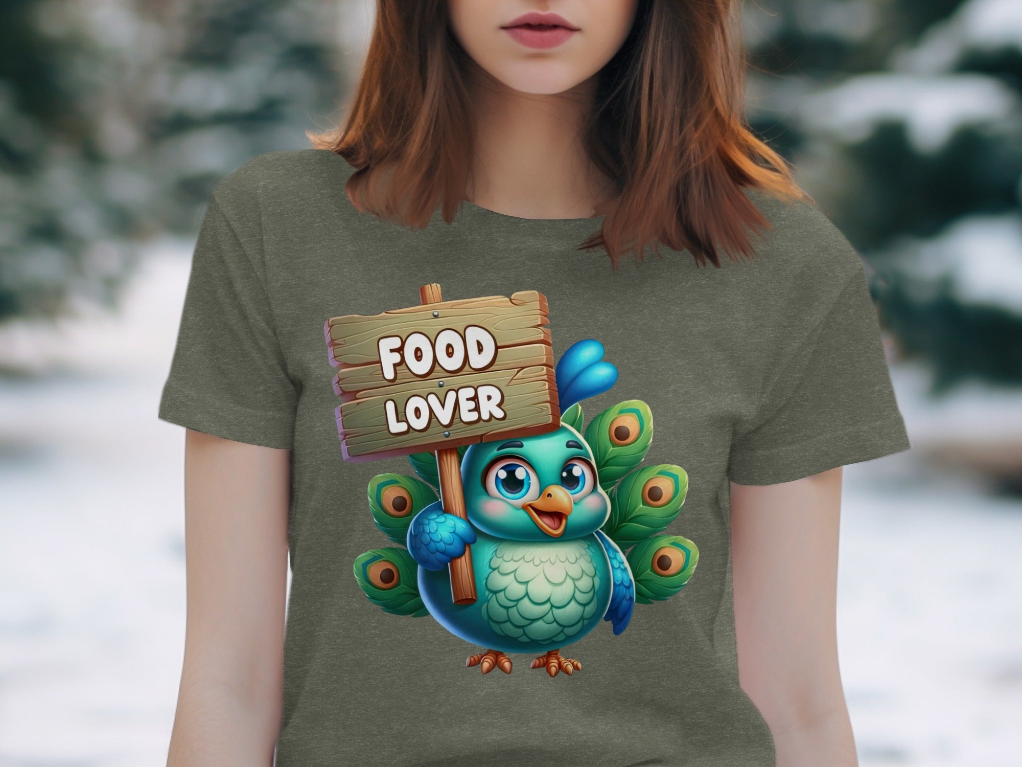 Cartoon peacock with "FOOD LOVER" sign on a t-shirt.