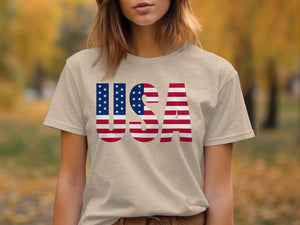 T-shirt with bold USA text using American flag design.