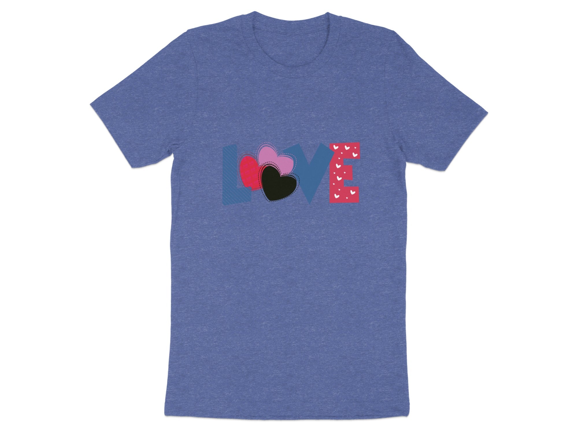 Blue t-shirt with the word "LOVE" in colorful, patterned letters and hearts.