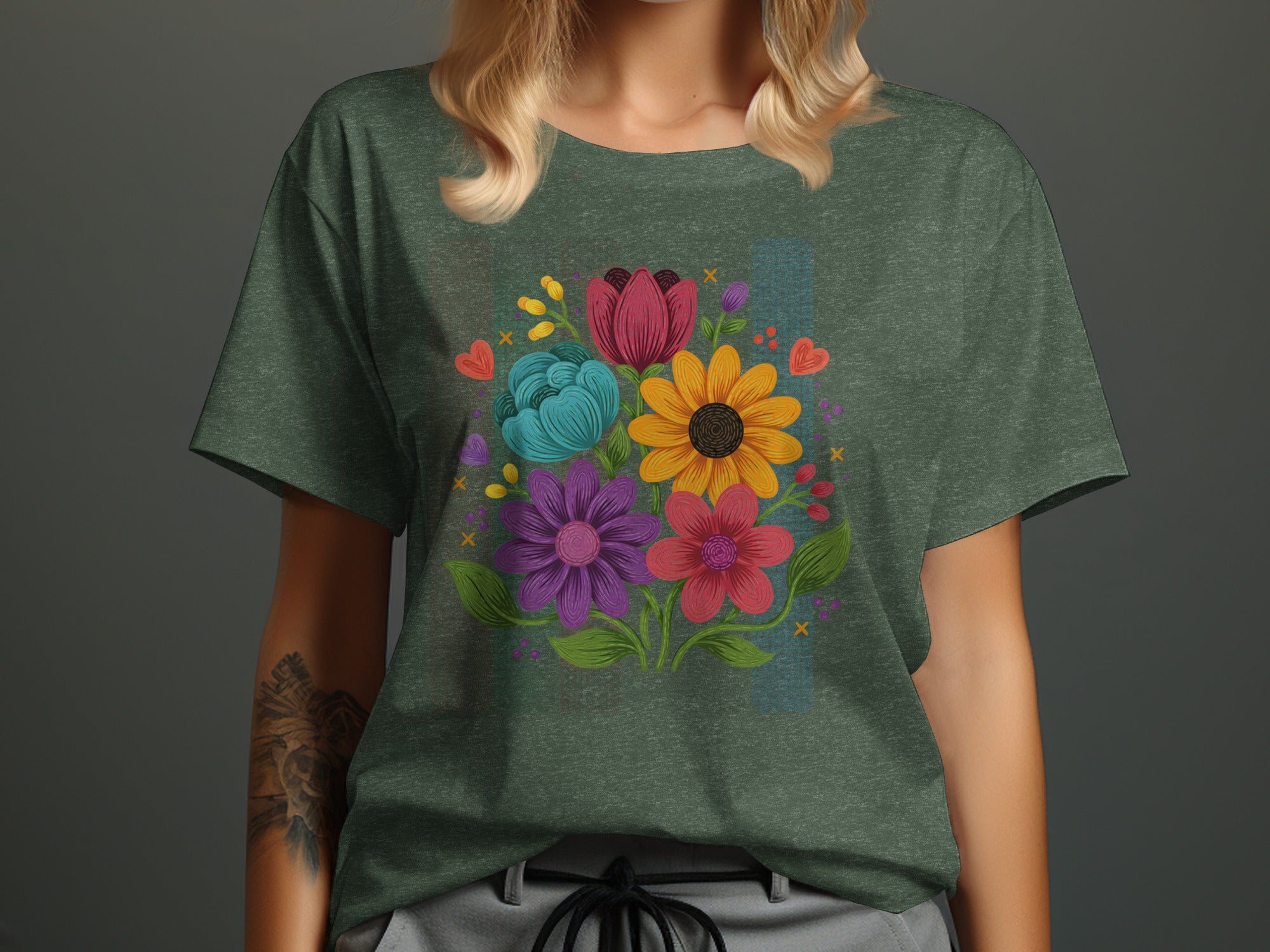 Dark green t-shirt with a colorful floral bouquet and heart design.