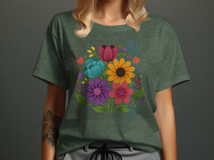 Dark green t-shirt with a colorful floral bouquet and heart design.