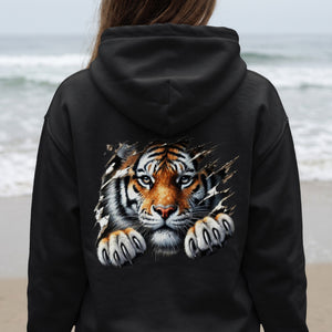 Black hoodie with a graphic of a tiger emerging from torn fabric.