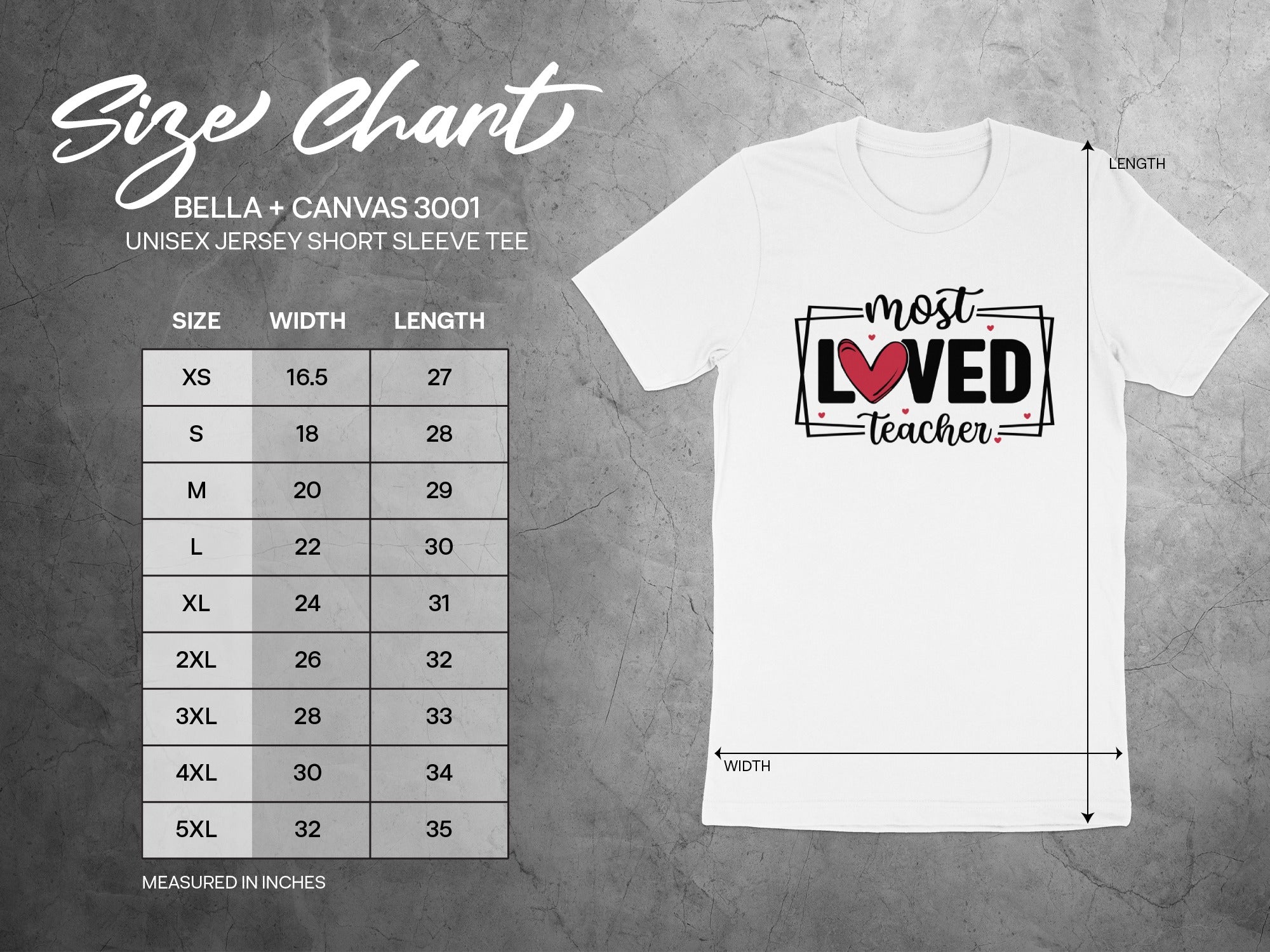 Bella + Canvas 3001 unisex t-shirt size chart with measurements in inches and front graphic.