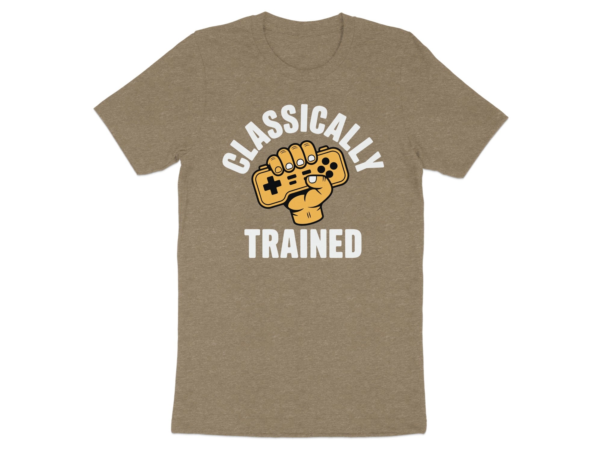 T-shirt with "Classically Trained" text and a hand holding a retro video game controller.