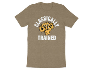 T-shirt with "Classically Trained" text and a hand holding a retro video game controller.