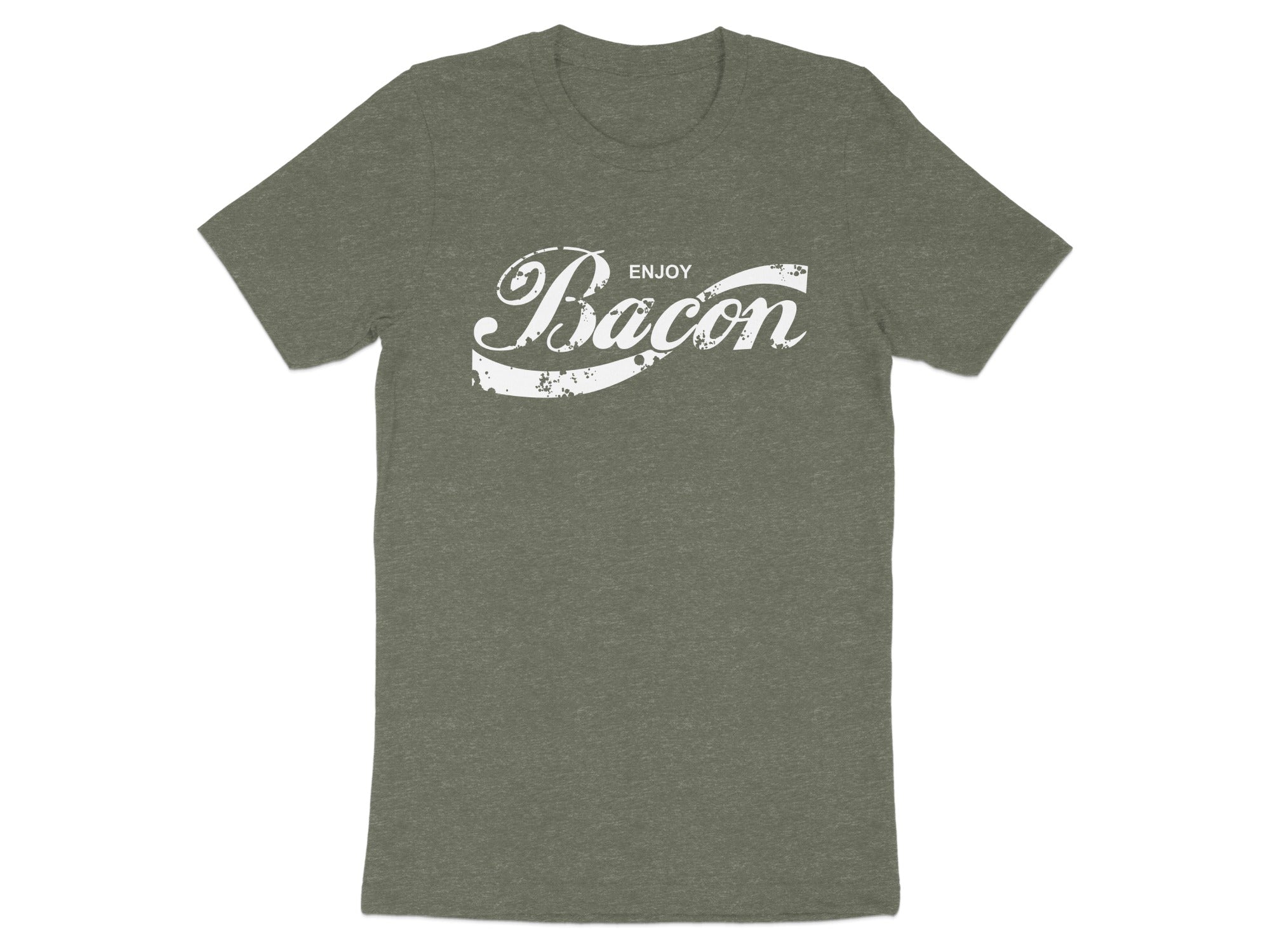 Green t-shirt with white "Enjoy Bacon" text and distressed graphic.