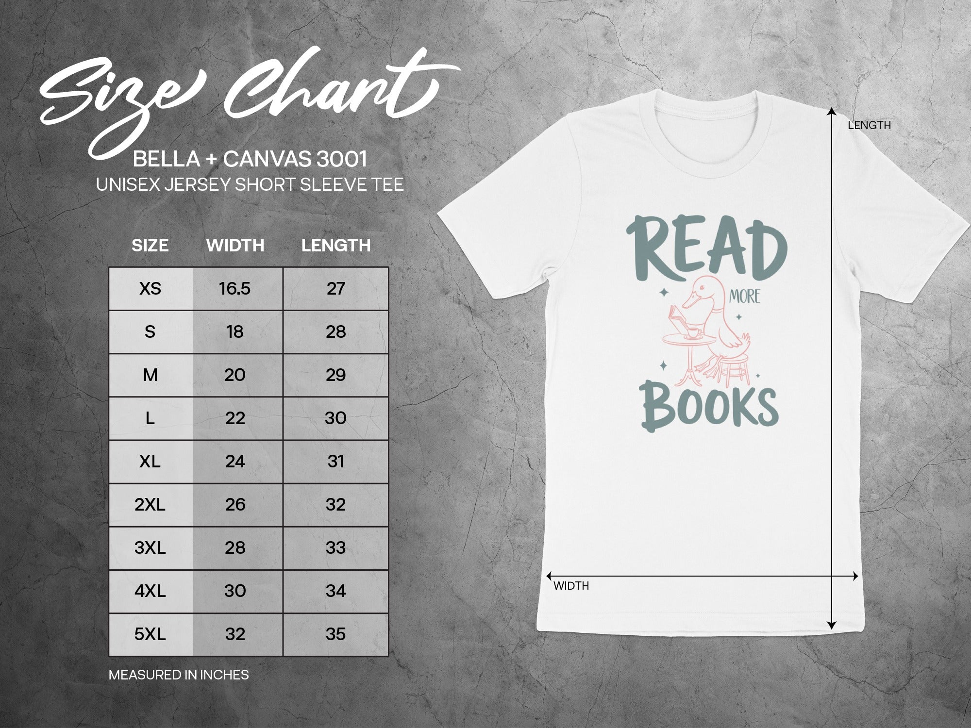BELLA + CANVAS 3001 unisex t-shirt size chart with width and length measurements in inches.