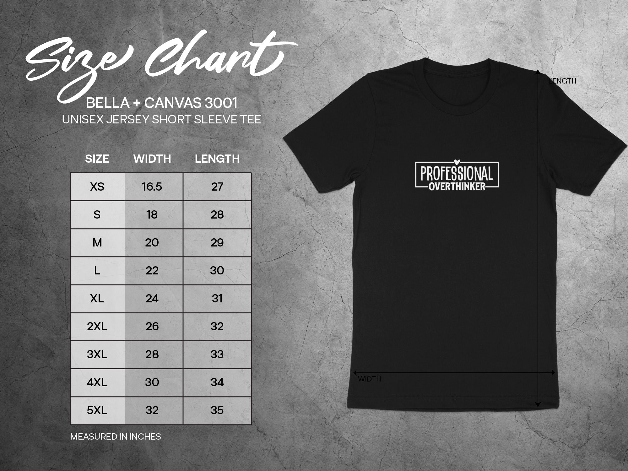 Bella + Canvas 3001 unisex t-shirt size chart with width and length measurements in inches.