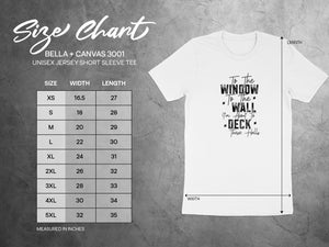 Size chart for Bella + Canvas 3001 Unisex Jersey Short Sleeve Tee, measured in inches.