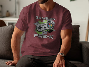 Maroon t-shirt with "Game On Pre-K" text and classic video game controller graphic.
