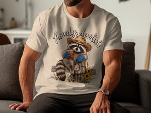 Raccoon in cowboy hat holding drink with text "howdy darlin'".
