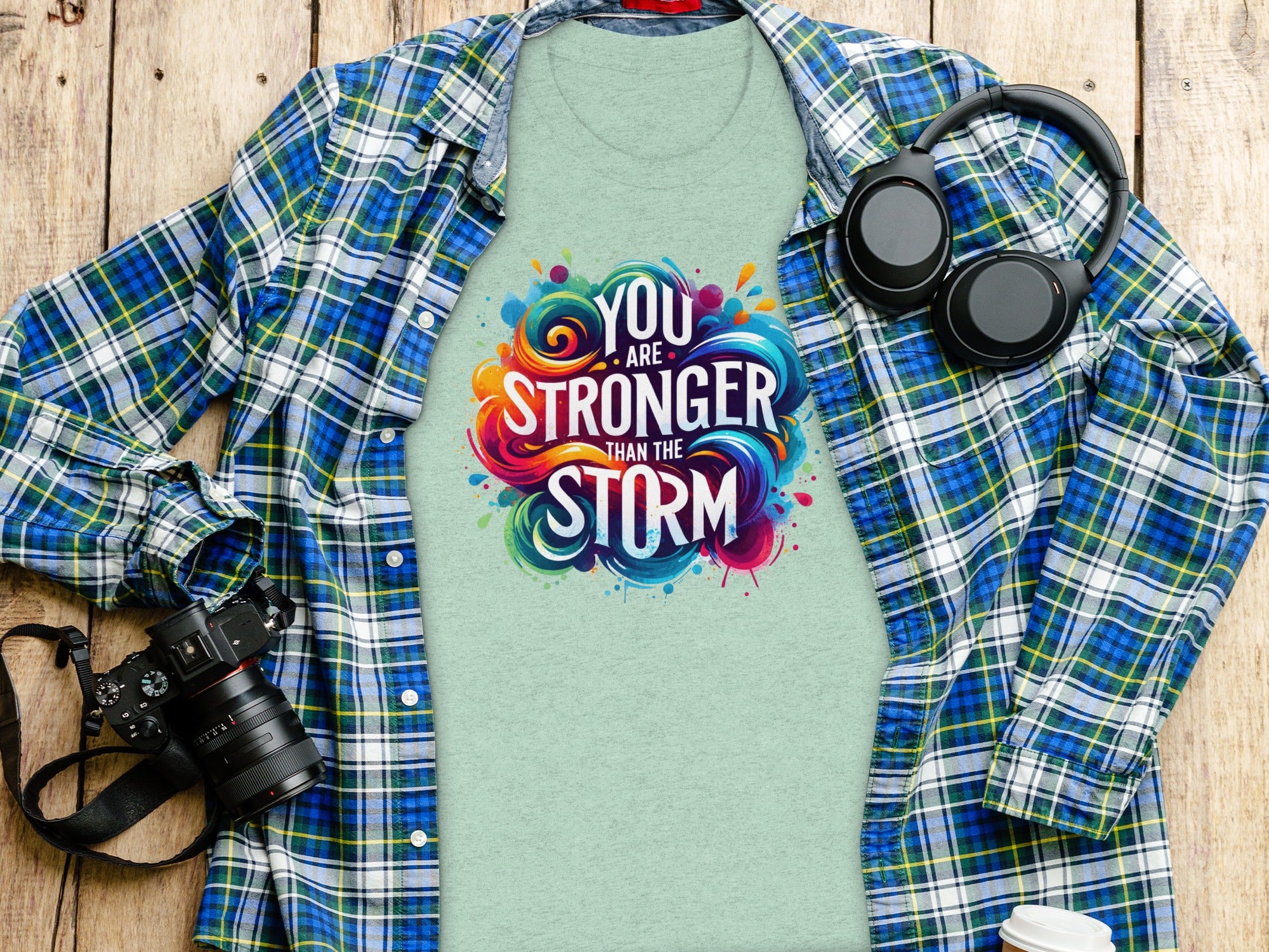 Light green t-shirt with "YOU ARE STRONGER THAN THE STORM" graphic and open plaid shirt.