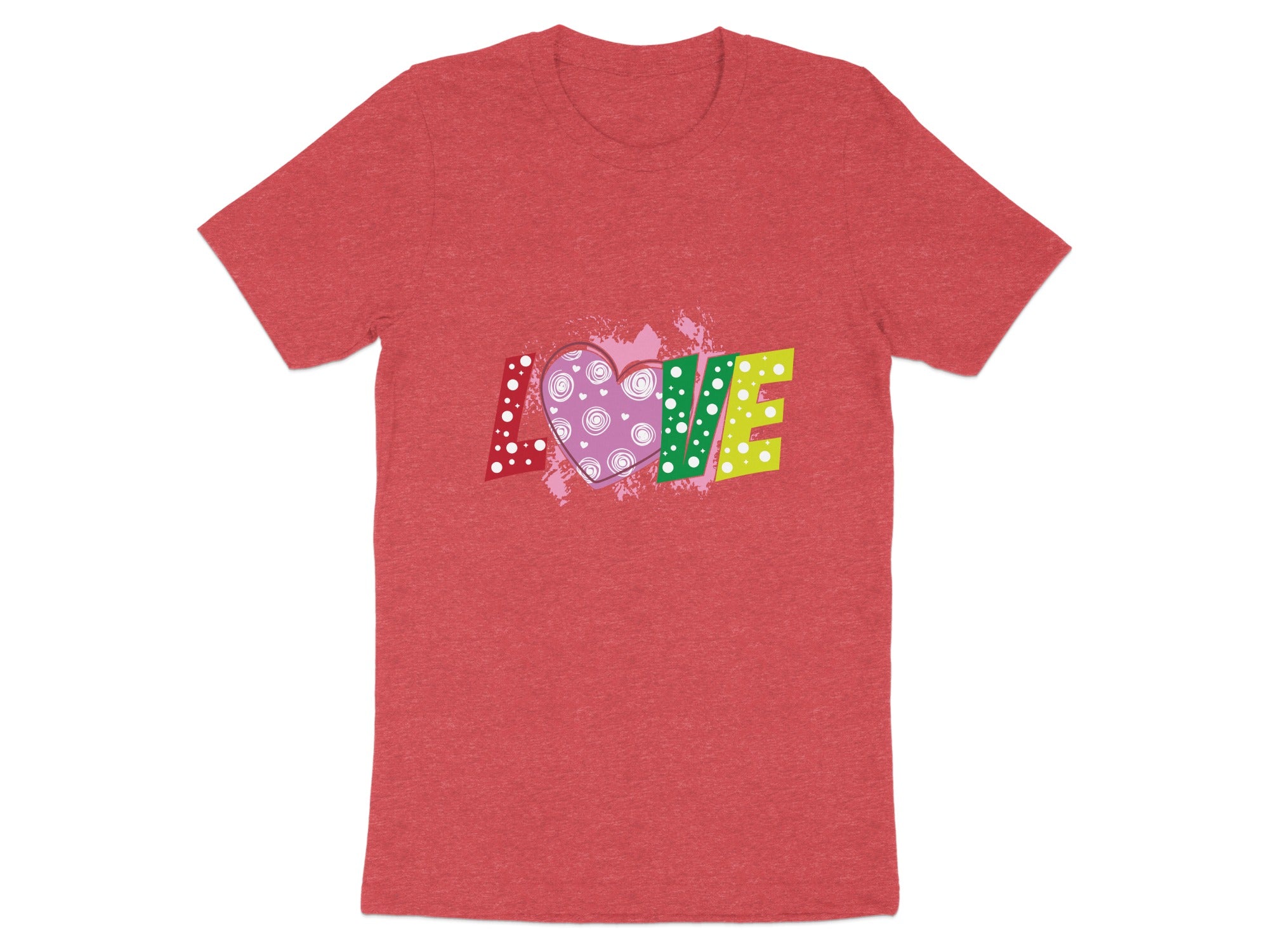 Red t-shirt with "LOVE" text and a patterned heart graphic.