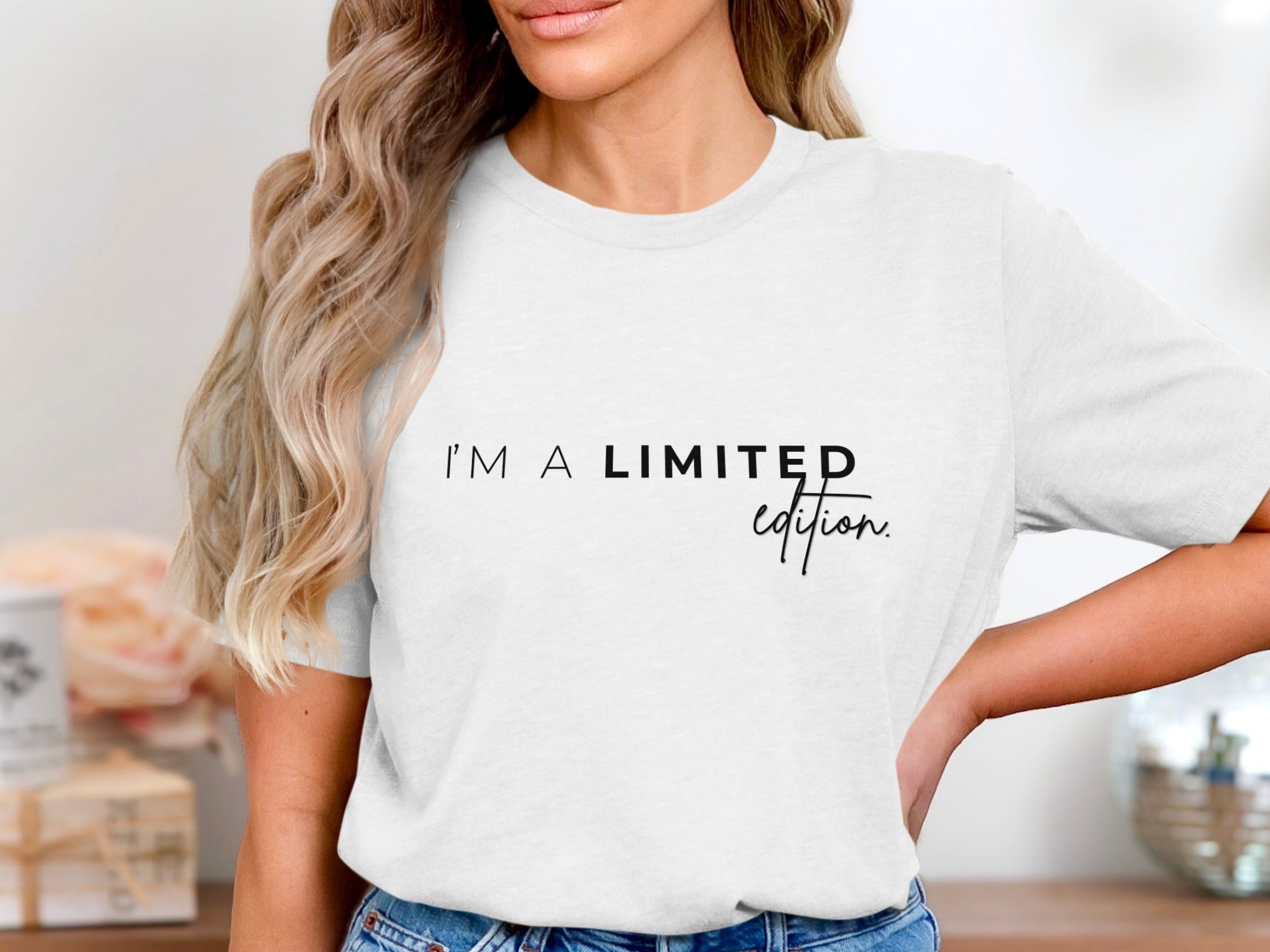 White t-shirt with "I'M A LIMITED edition." text.