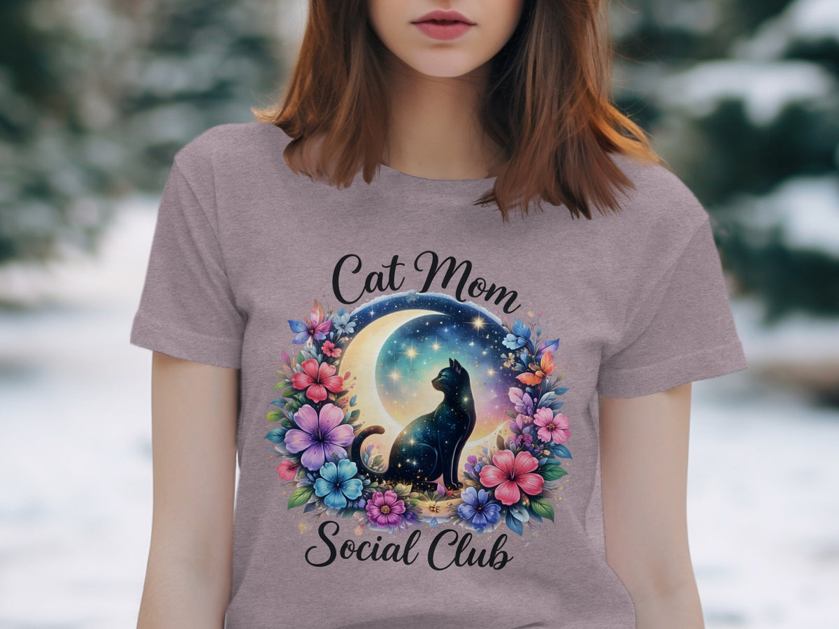 Black cat on crescent moon with flowers, text "Cat Mom Social Club".
