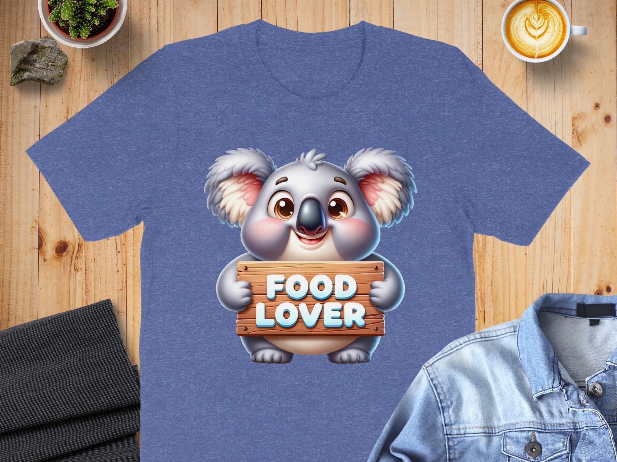 Cute cartoon koala holding a wooden sign that says "FOOD LOVER".