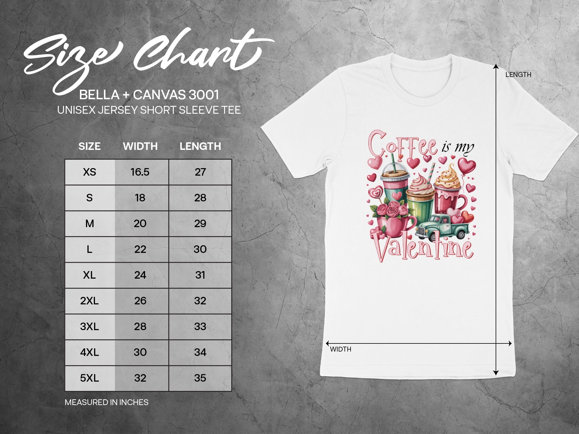 BELLA + CANVAS 3001 unisex short sleeve tee size chart with Valentine's graphic.