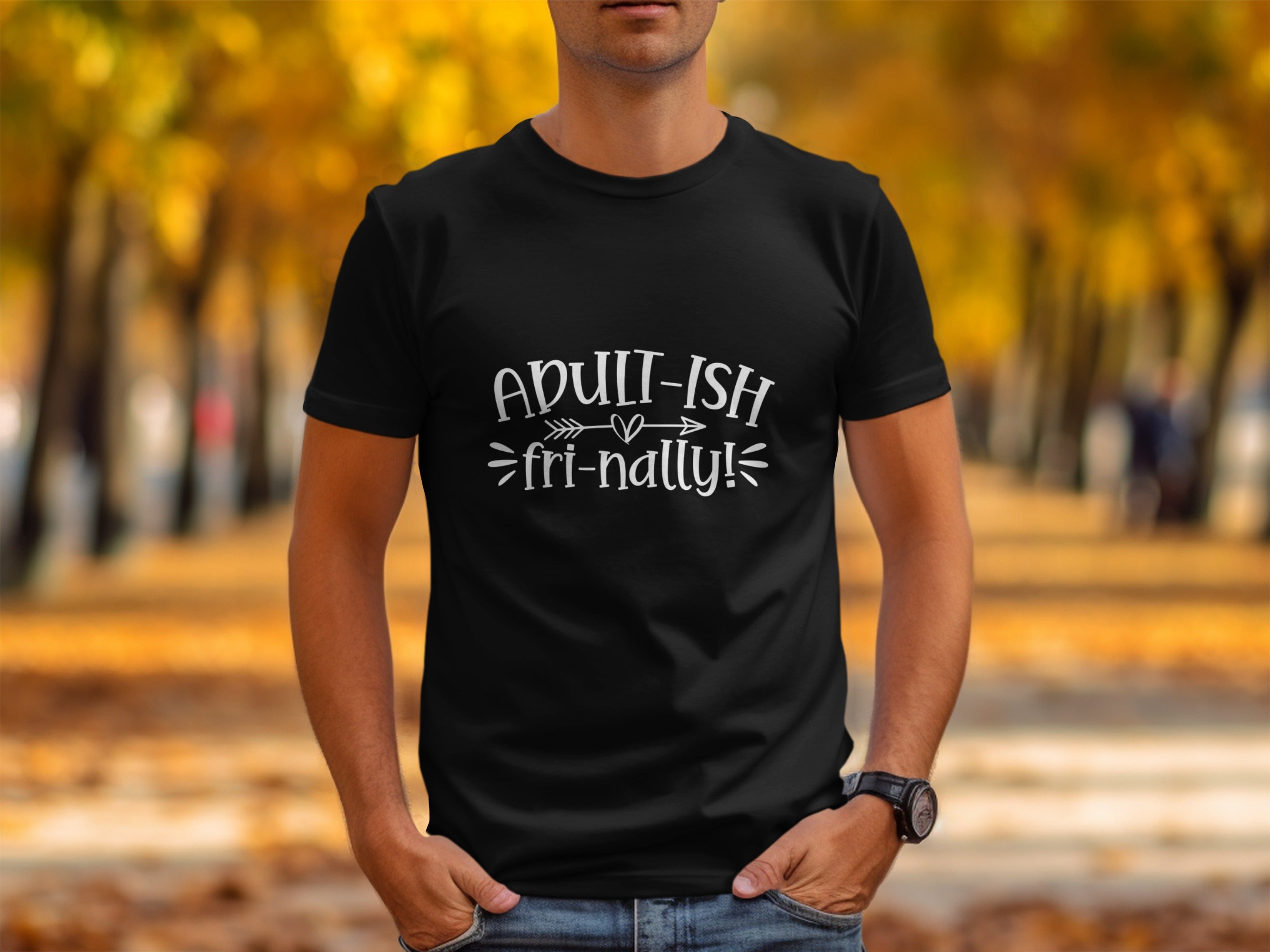 Black t-shirt with white text: "Adult-ish friendly!".