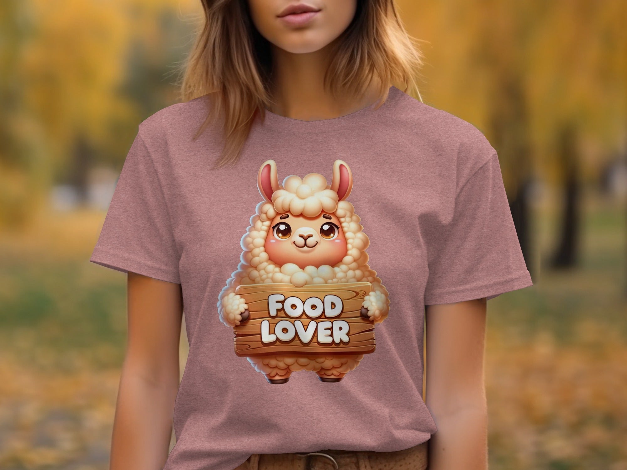 Cartoon llama holding a wooden sign that says "FOOD LOVER".