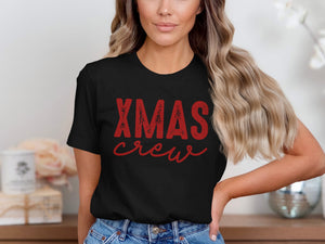 Black t-shirt with red "XMAS crew" graphic text.