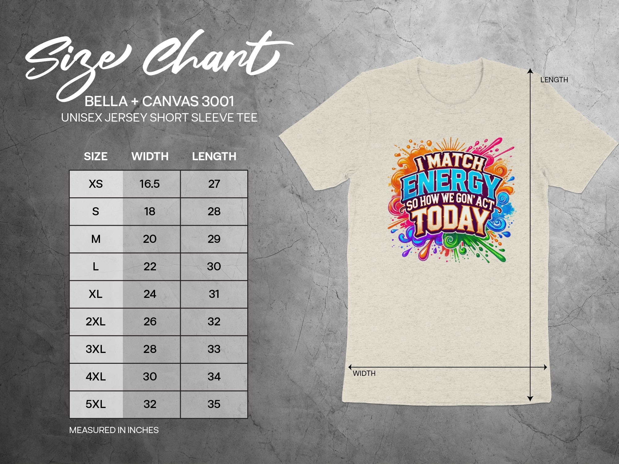 Size chart for Bella + Canvas 3001 unisex short sleeve tee.
