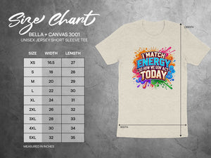 Size chart for Bella + Canvas 3001 unisex short sleeve tee.