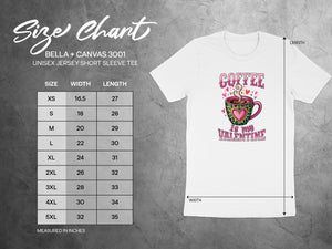 BELLA CANVAS 3001 size chart showing width and length measurements for unisex tees.