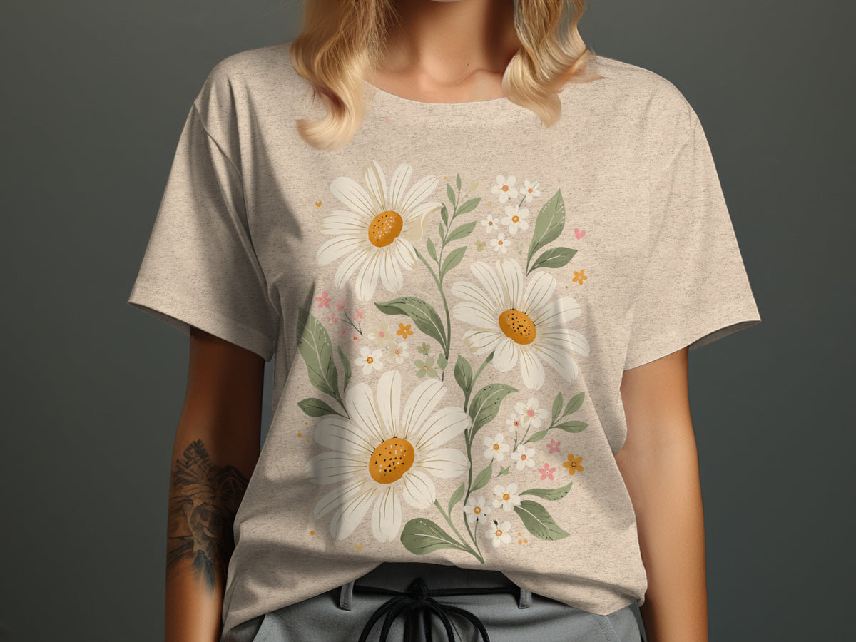 Beige t-shirt with a large floral bouquet of white daisies and small wildflowers.