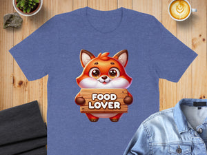 Cartoon fox holding a wooden sign that says "FOOD LOVER" on a blue t-shirt.