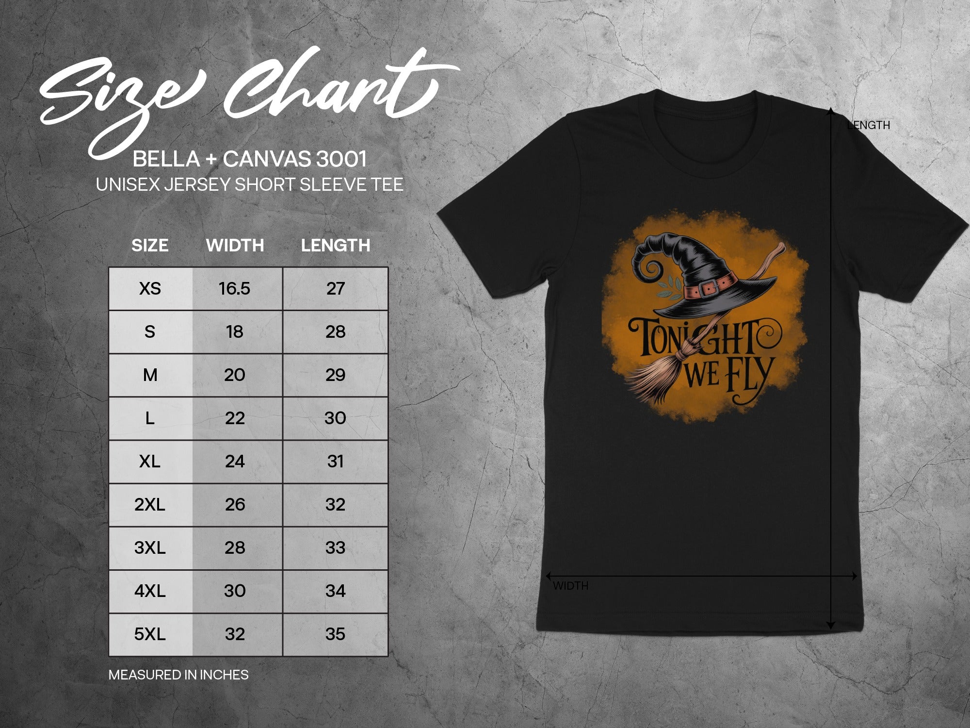 Size chart for Bella + Canvas 3001 unisex tee showing measurements including witch hat graphic.