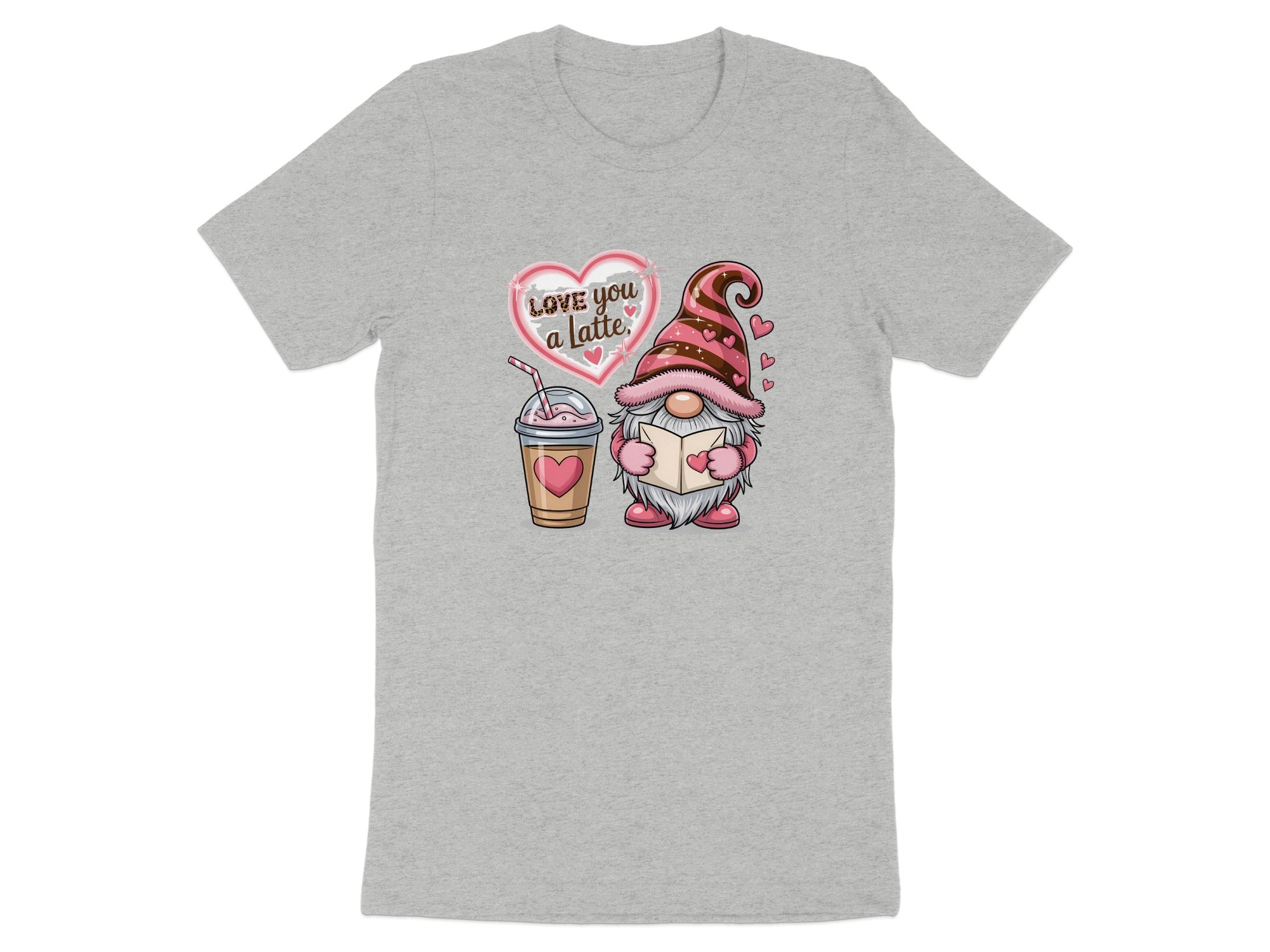 Gnome with coffee and "Love you a latte" text within a heart.